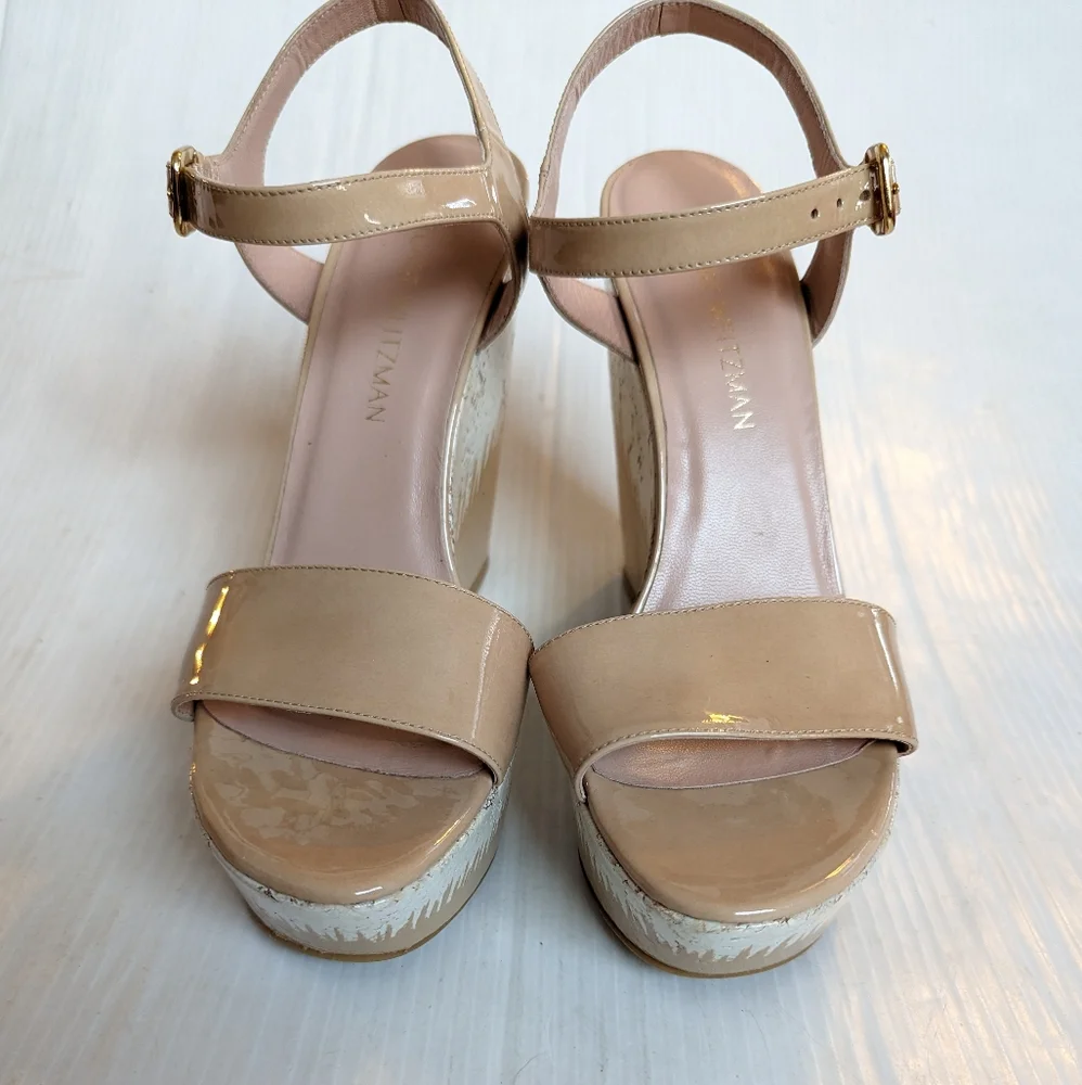 STUART WEITZMAN Bambina Aniline Single Sky patent leather platform wedge sandals